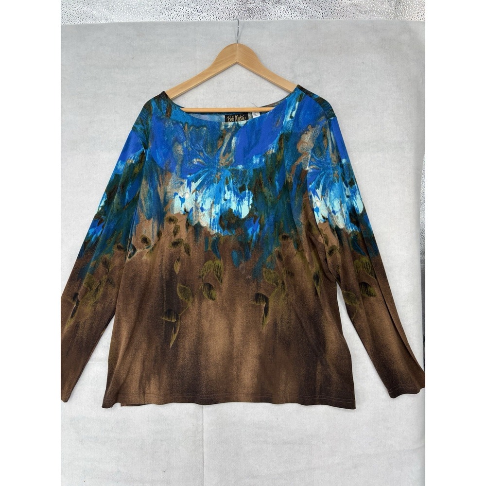 Bob Mackie Wearable Art XL Blue Brown Floral Long Sleeve Tunic Top Artsy Boho